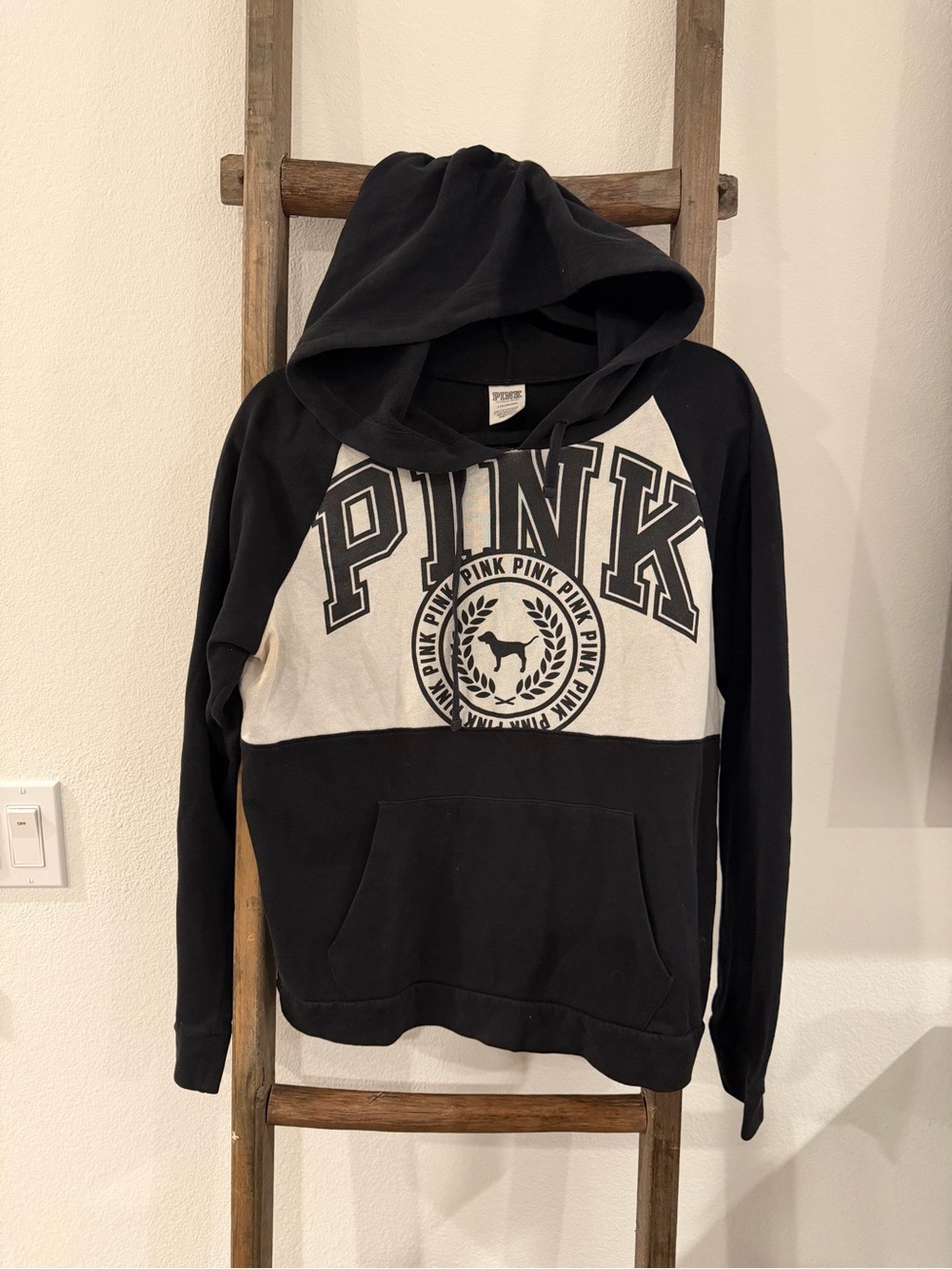 PINK Victoria's Secret Black and Cream Zip-Up Hoodie